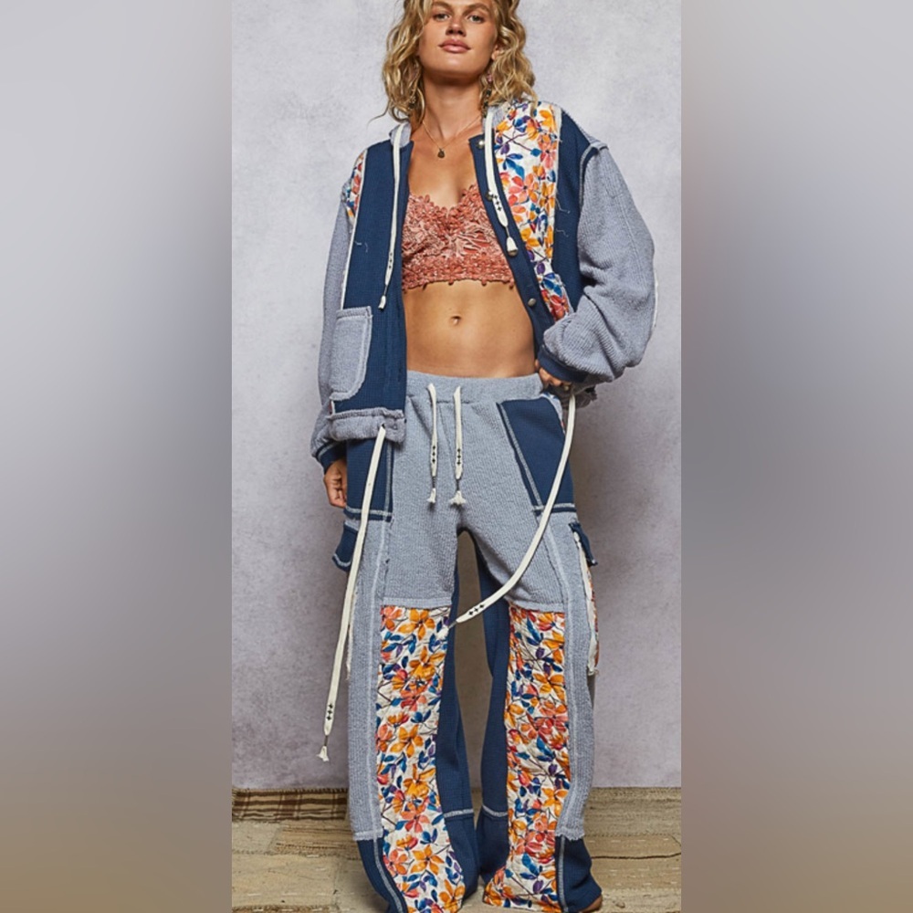 POL Pant & Jacket Set fit in thermal w/ quilted detail pointed floral pattern